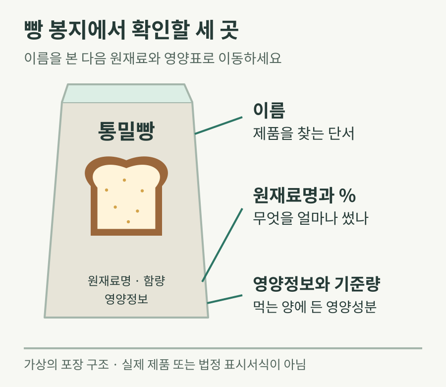 빵 봉지에서 제품명, 원재료명과 함량, 영양정보의 역할을 나눠 표시한 그림