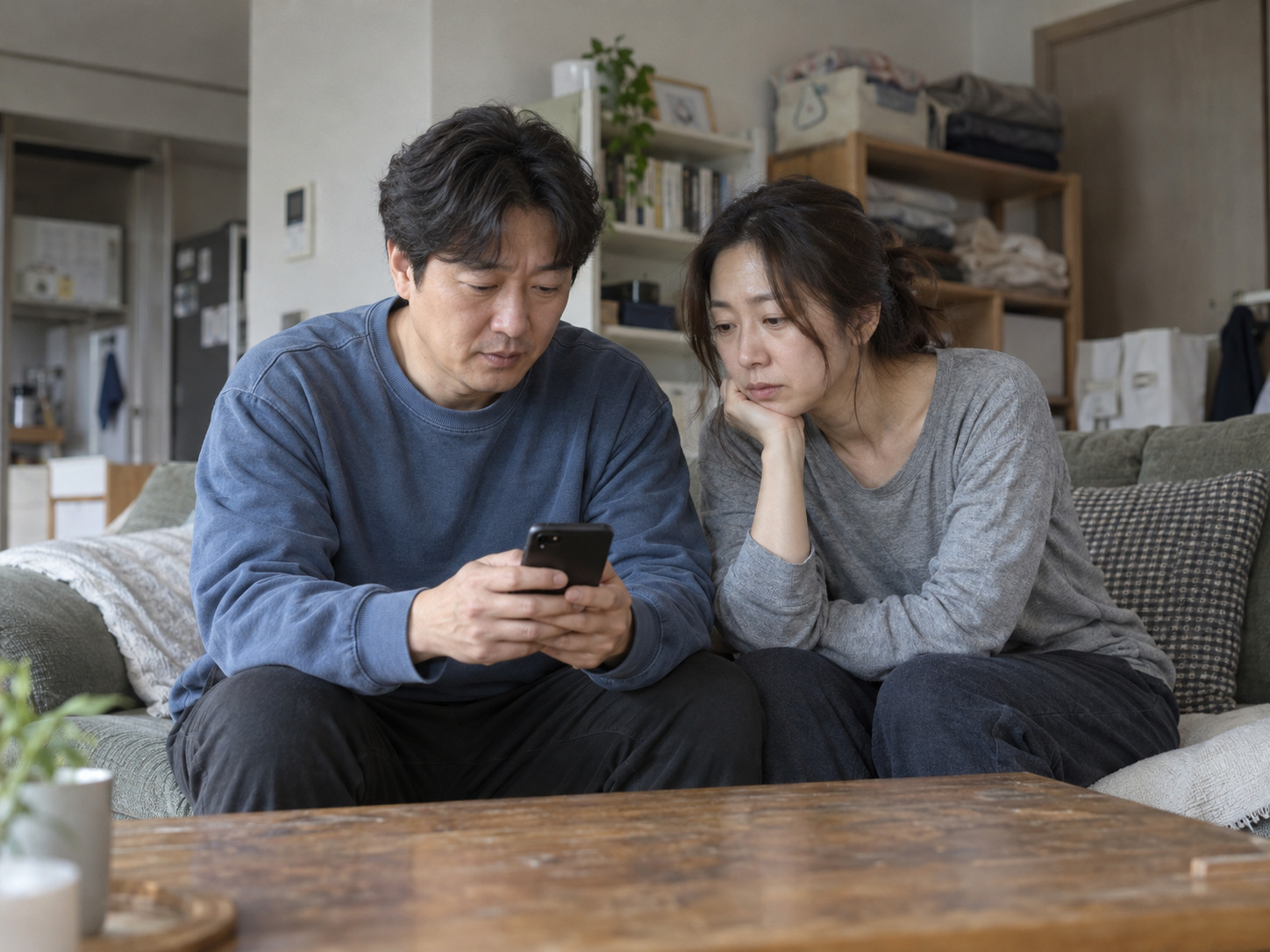 함께 휴대폰을 살펴보며 선택을 점검하는 두 사람