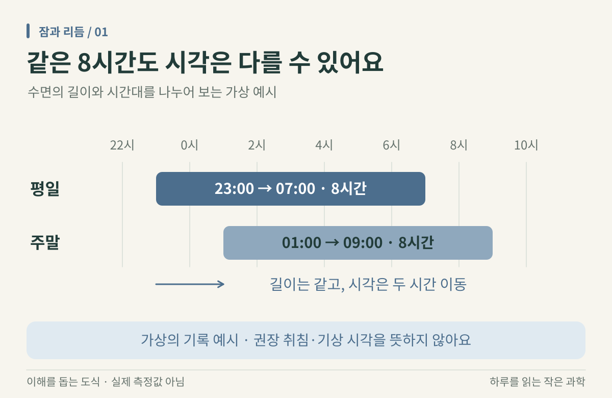 평일에는 23시부터 7시, 주말에는 1시부터 9시로 표시된 가상의 수면 시간표. 두 시간대 모두 길이는 8시간이지만 시작과 끝은 두 시간 이동했다.