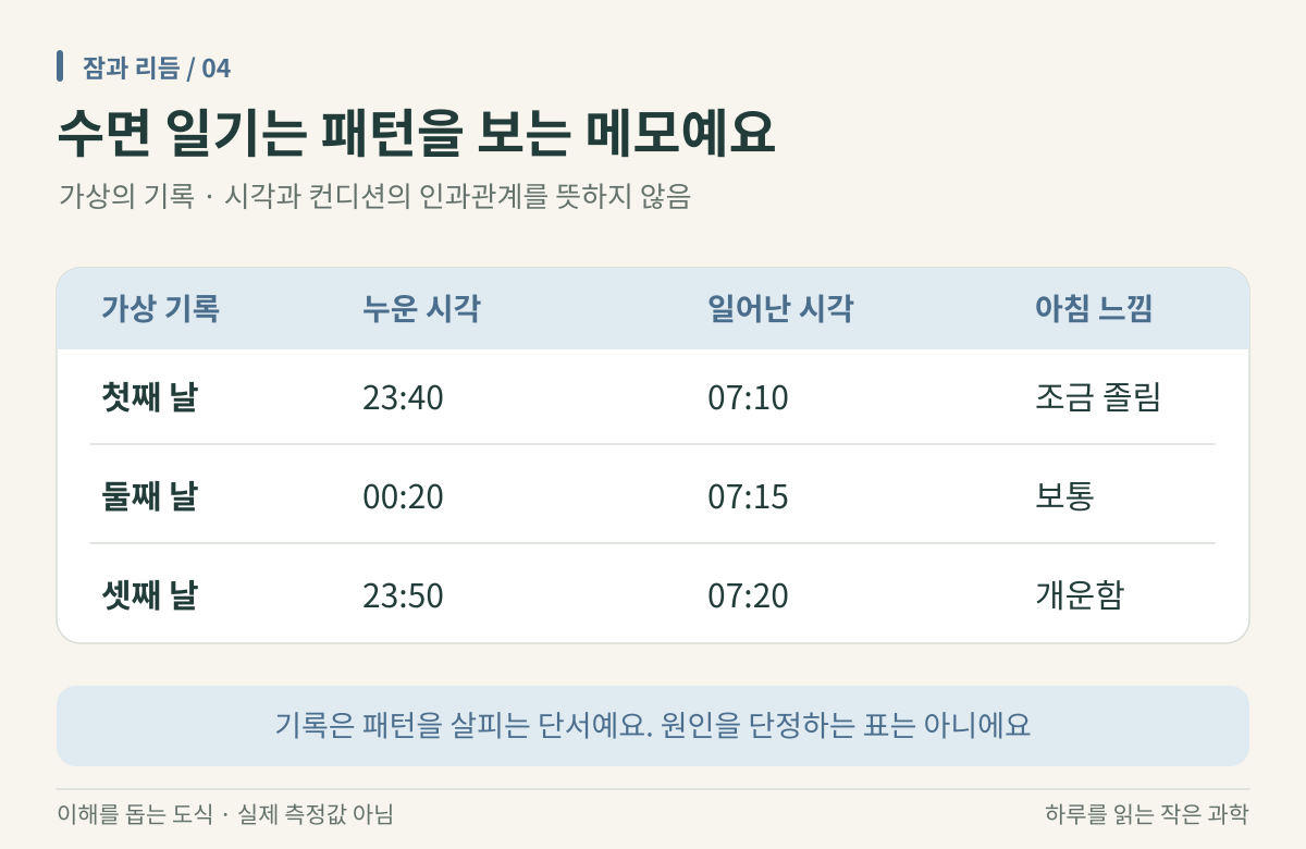세 날의 가상 수면 일기로 누운 시각, 일어난 시각, 아침 느낌이 기록되어 있다. 기록은 패턴을 살피는 단서일 뿐 원인을 단정하는 표가 아니라는 안내가 있다.