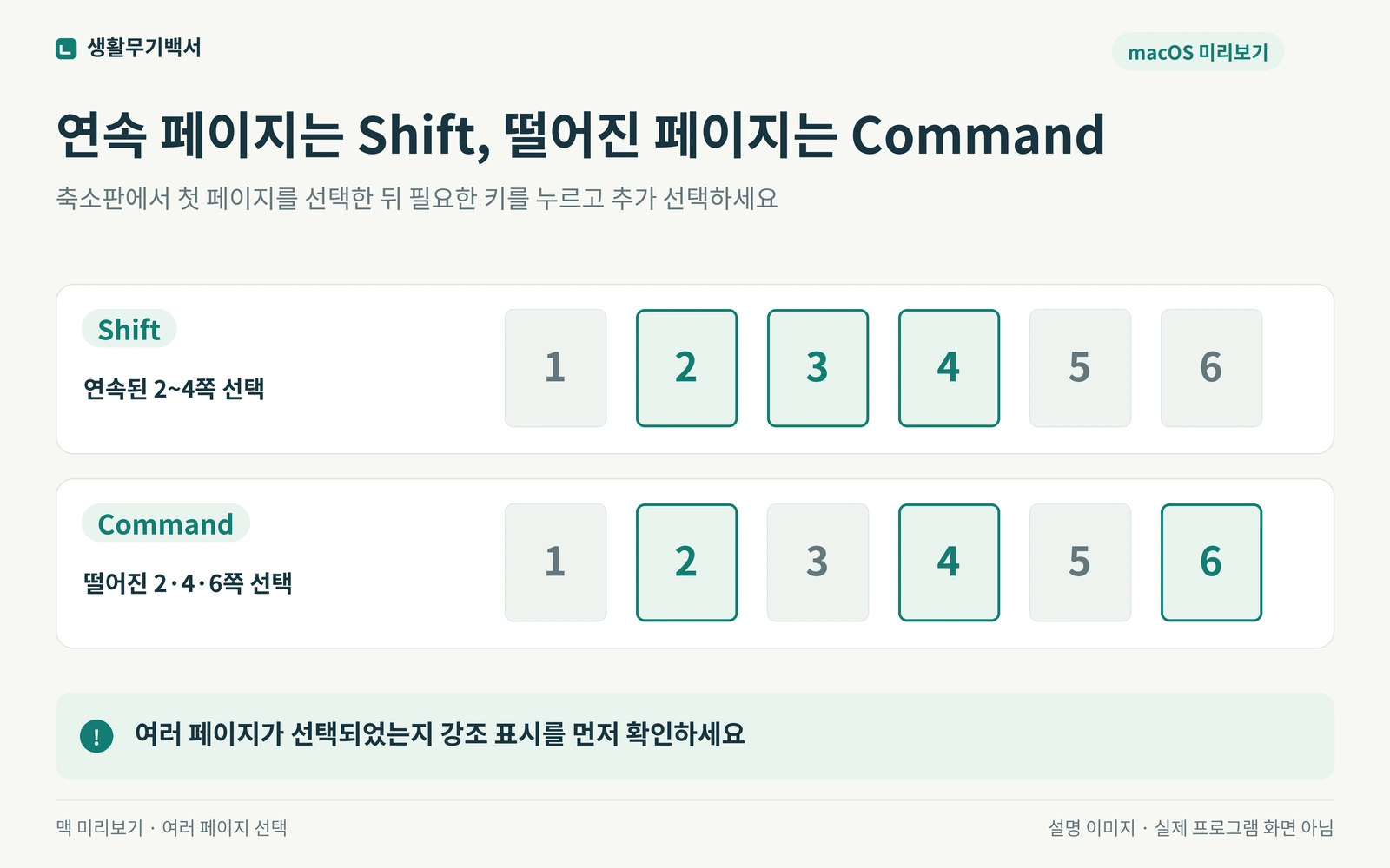 Shift로 연속 페이지와 Command로 떨어진 페이지를 선택하는 설명도