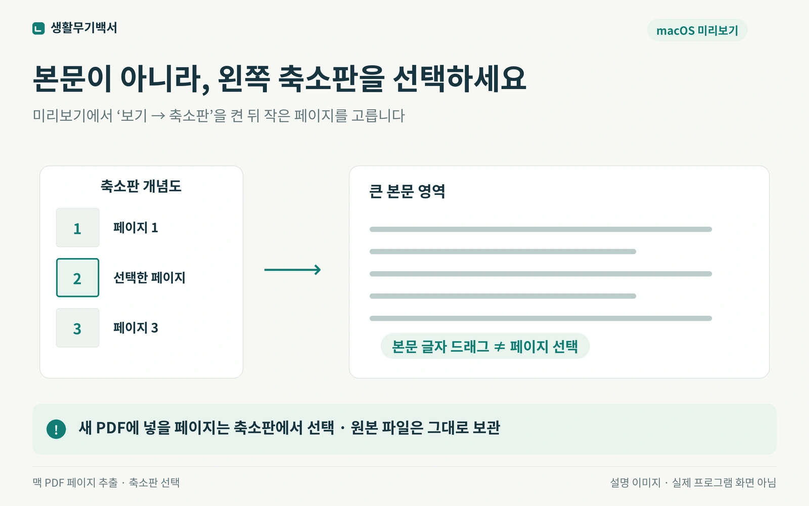 맥 PDF 페이지 추출 설명도: 미리보기의 큰 본문 대신 왼쪽 축소판을 선택하는 설명도
