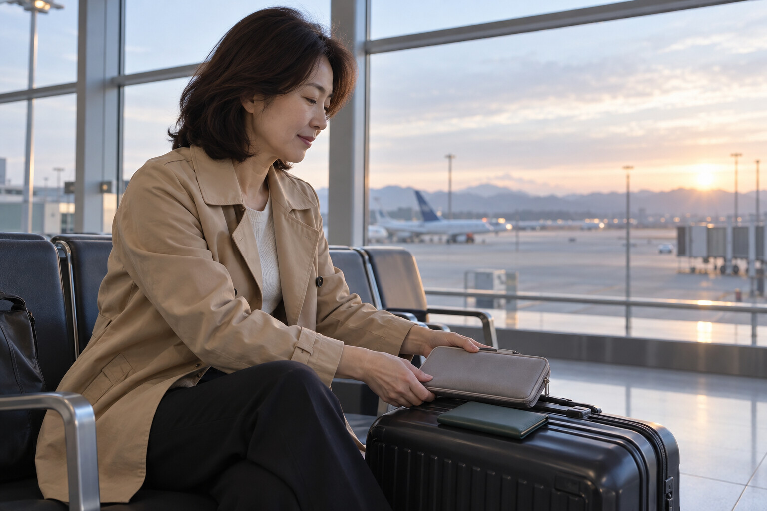 공항 좌석에서 여행용 문서 지갑을 확인하는 성인