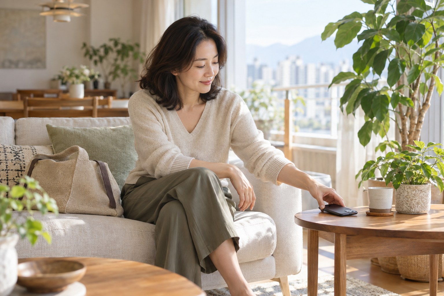 사용하던 휴대전화를 내려놓고 쉬는 여성