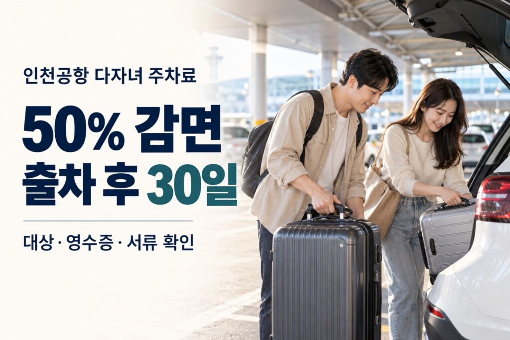 인천공항 다자녀 주차료 50% 감면과 출차 후 30일 신청기한을 알리는 가로 썸네일