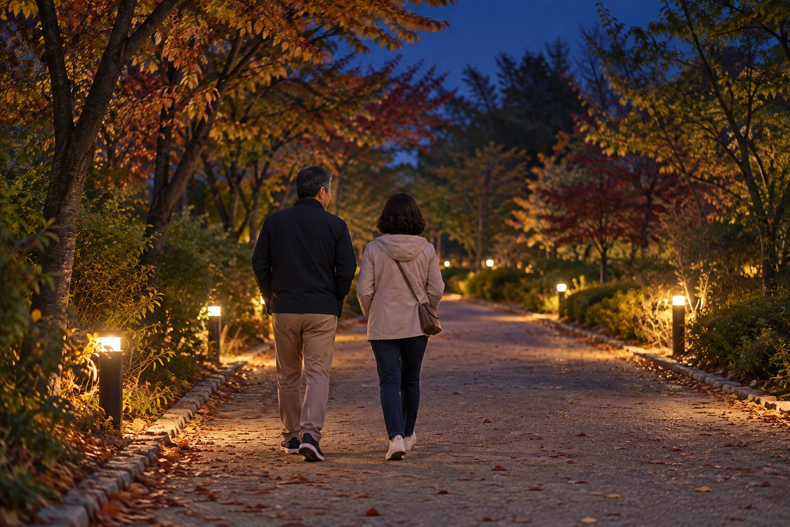 일반적인 가로수길에서 저녁 산책하는 한국 성인 두 사람의 콘셉트 이미지