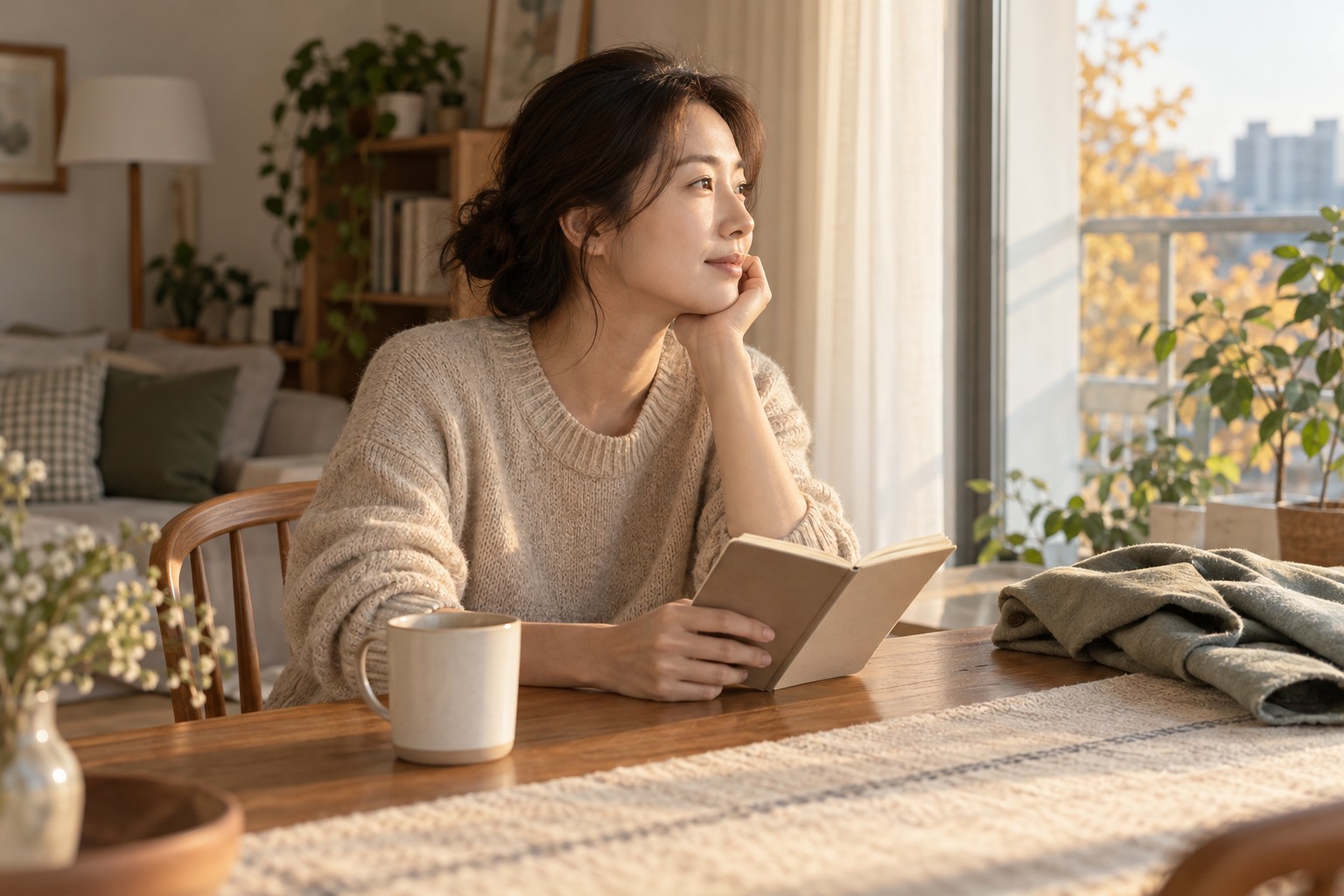집에서 수요일 나들이를 계획하는 한국 성인 여성의 생활 이미지