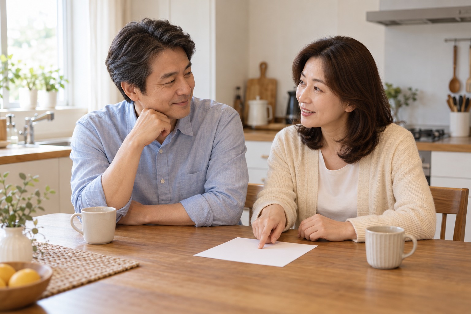 집에서 저녁 나들이 일정을 의논하는 한국 성인 두 사람