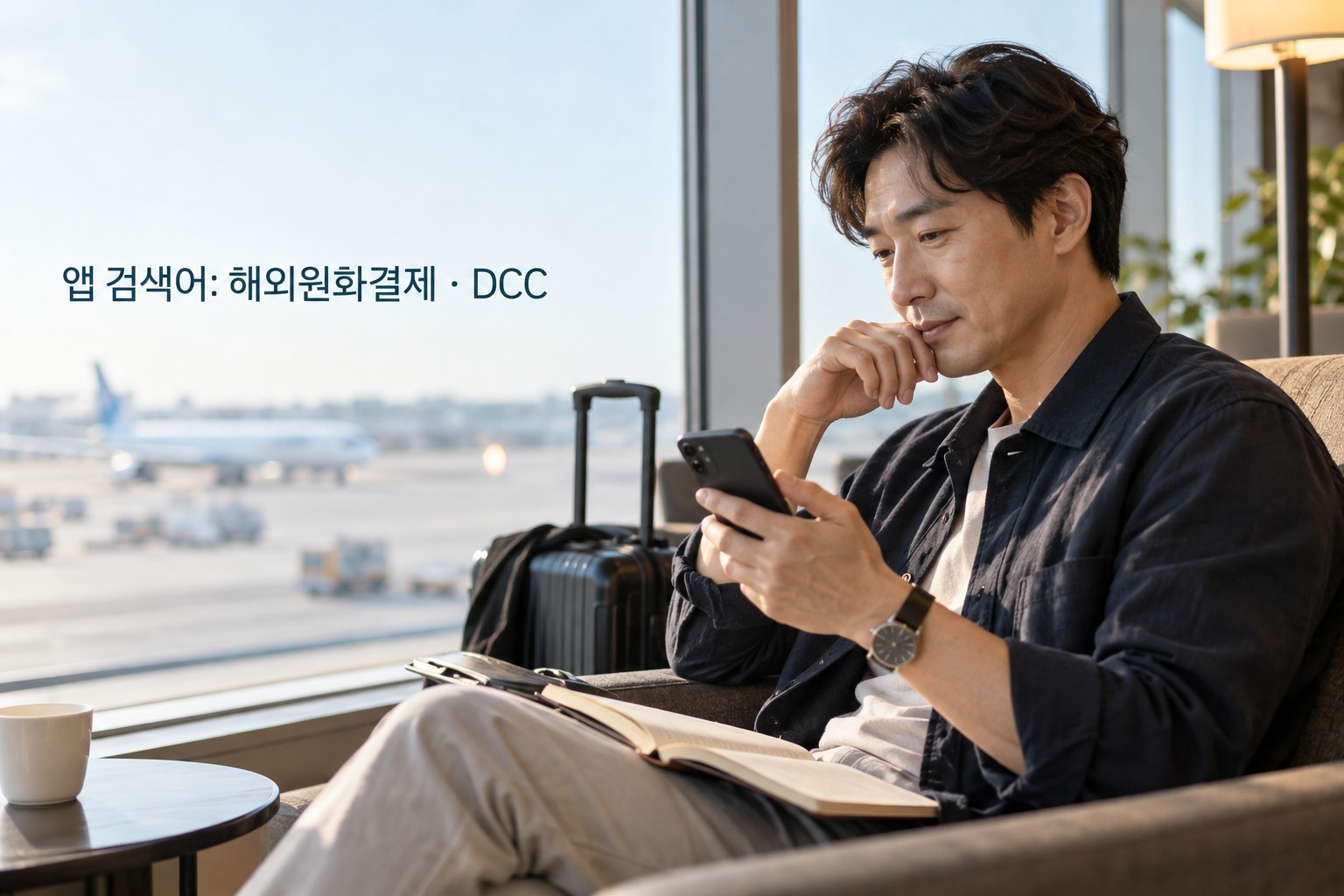 출국 준비 중 카드사 앱에서 해외원화결제 차단 메뉴를 찾는 모습