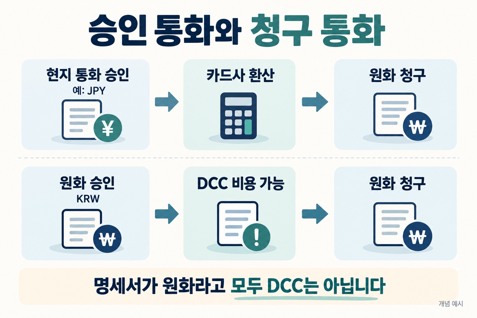 현지 통화 승인과 원화 최종 청구를 구분한 결제 흐름 예시